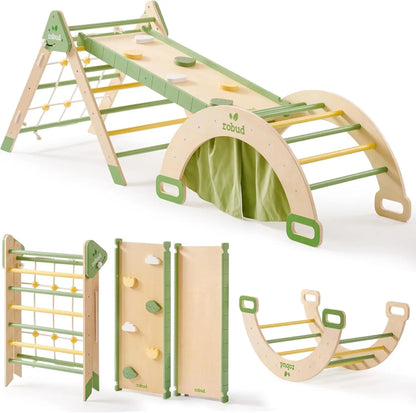 Safegrow ClimberNest™ – 7-in-1 Montessori Kletterdreieck aus Holz mit Seilnetz & Rutsche