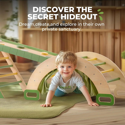 Safegrow ClimberNest™ – 7-in-1 Montessori Kletterdreieck aus Holz mit Seilnetz & Rutsche