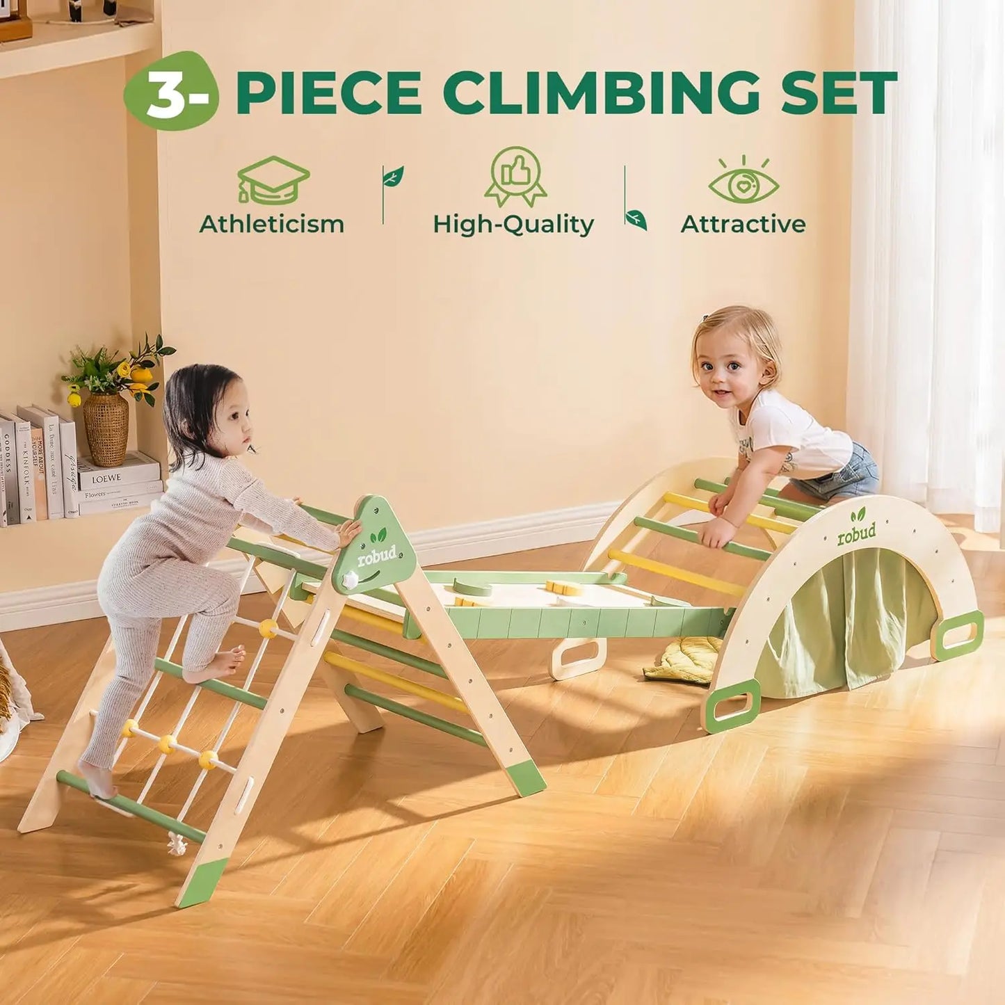 Safegrow ClimberNest™ – 7-in-1 Montessori Kletterdreieck aus Holz mit Seilnetz & Rutsche