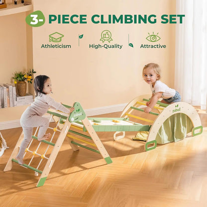 Safegrow ClimberNest™ – 7-in-1 Montessori Kletterdreieck aus Holz mit Seilnetz & Rutsche
