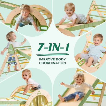 Safegrow ClimberNest™ – 7-in-1 Montessori Kletterdreieck aus Holz mit Seilnetz & Rutsche